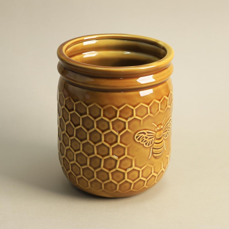 Bicuzat Retro Honeycomb and Bee Embossed Ceramic Kitchen Utensil Holder,