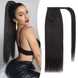 Benehair Real Hair Ponytail Extension, Braid Extensions, Real Hair, Wrap Around Real Hair Ponytail for Women, Ponytail Real Hair Hair Extensions, 40 cm, 80 g, Natural Black #1B