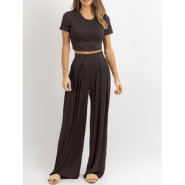 PEIARA Women's 2 Piece Lounge Sets Summer Short Sleeve Crop Tops Two Piece Outfits Woman Wide Leg Palazzo Pants Set Matching Tracksuits 2025 Clothes