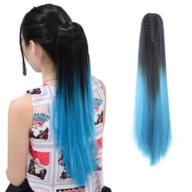 iLUU Curly Claw Ponytail Extension Synthetic 24" 130g Straight Pony Tail Hairpiece Natural Black to Sea Blue Fashion Ombre Color Hair Extensions Womens Hairpieces for Party Daily Use