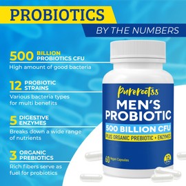 Probiotics for Men, 500 Billion CFUs & 12 Strains, Prebiotic & Probiotic, Cranberry, Saw Palmetto, Digestive Enzymes, Gut & Bloating, Lung Liver Prostate Support, 30-Day Supply