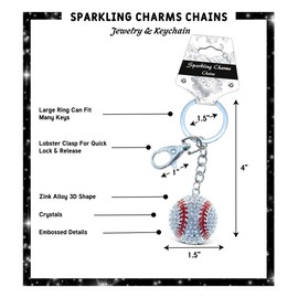 Puzzled Baseball Sparkling Charm Useful Key Chain with Crystals and Claps - Sports Theme - Great Gift to Stay in Fashion and Bling - Item #6656