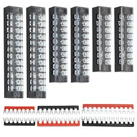 VIKKSAER 12 Pcs 15A 600V Terminal Blocks, W/ 15A 400V Pre-Insulated Fork Terminal Strip, 8/10/12 Positions Screw Terminal Strip Dual Row (Black & Red)