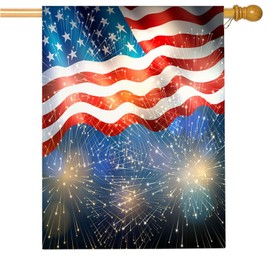 Mugod American Flag and Fireworks House Flag Double Sided 28 x 40, 4th of July Independence Day Patriotic Burlap Large Flag House Seasonal Farmhouse Outside Outdoor Decoration