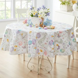 Newbridge Vinyl Round Tablecloth, 70 Inch, Easter Bunny Blossom Flannel Backed Table Cloth, Easter Egg Basket Floral