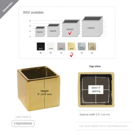 WGV Ceramic Cube Vase Width 5.5" Height 5" (Fits 5" Pot) Elegant Modern Block Square Floral Planter Terrarium Container Table Dresser for Event Accent Home Office Decor Gold 1 Piece