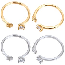 Beebeecraft 1 Box of 4 Ring Blanks 18 Carat Gold Platinum Plated Cubic Zirconia Adjustable Finger Ring Setting for Half-Drilled Bead Rings for DIY Jewellery Making