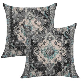 Avalune Boho Cushion Cover, 40 x 40 cm, Black, Grey, Autumn Cushion Covers, Velvet Cushion Covers, Country House Style, Ethnic, Bohemian Flowers, Sofa Cushion Cover, Decorative Cushion Covers for