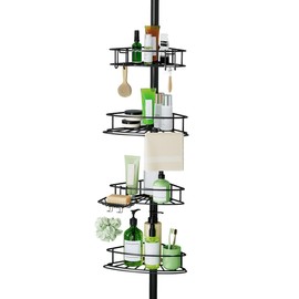 Binecer Corner Shower Caddy Tension Pole-4 Tier Adjustable Bathroom Shower Organizer with Soap Holder, Rustproof Shower Shelves Shower Rack for Inside Shower, Bathtub Shampoo Storage 29-118", Black