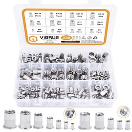 VIGRUE 230PCS SAE & Metric Rivet Nuts UNC Nutserts Rivnut Assortment Kit, Flat Head Insert Nut Assort #8-32#10-24 1/4"-20 3/8"-16 5/16"-18 and M3 M4 M5 M6 M8 M10 M12 (304 Stainless Steel)