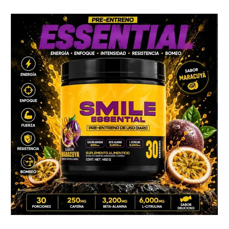 Pre Entreno en Polvo Sabor Maracuyá Suplemento Alimenticio 450 g