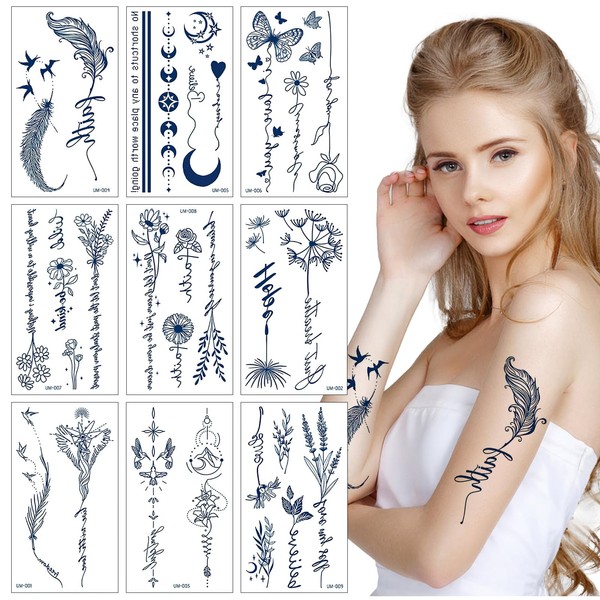 9 Sheets Semi-Permanent Tattoos for Women Girls - Realistic Temporary Tattoos Body Art Tattoo Stickers Dark Blue Waterproof Durable for 1-2 Weeks