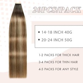 YDDM Tape-In Real Hair Extensions, 20 Pieces, 55 cm, 50 g, Chestnut Brown to Light Brown with Light Blonde, Invisible Tape Extensions, Real Hair Extensions (22 Inches, 2/6/18 K#)