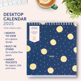 Busy B 2025 Desk Calendar – Jan to Dec, Navy & Gold Spot 2025 Calendar with Built-in Stand & Flip-Top Binding - A5 Work Calendar for Office or Home - Year Planner with Pockets for Organised Planning