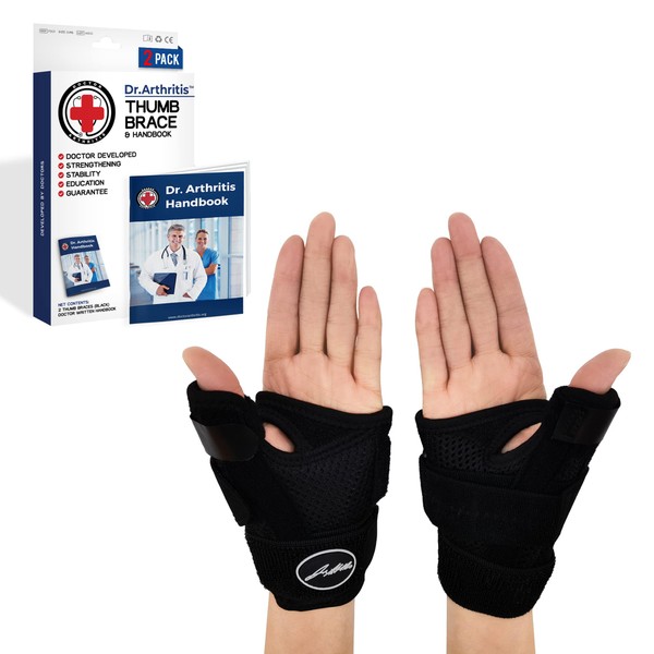 Doctor Developed Thumb Support/Finger Splint for Arthritis, Thumb Splint Right or Left Hand, Wrist Support & Thumb Spica Splint and with Doctor Written Handbook (Black, 2 Pack)