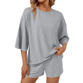 AUTOMET Womens Lounge Sets Two Piece Set Summer Outfits Loungewear 2 Piece Pajama 3/4 Sleeve Oversized Tshirts Elastic Waist Shorts Gray L