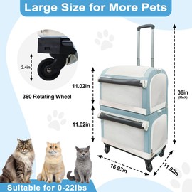 Double Cat Carrier for 2 Cats with Wheels, 3-in-1 Pet Stroller Removable Carrier Trolley Bags Small Dogs Puppy, Large Pet Rolling Carriers Sof for Travel Trip Backpack Outdoor Portable, Blue