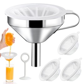 Elesunory 4 Pcs 200 Mesh Food Filter Strainer with 1 Pcs Funnel and Squeezing Rod, Reusable Ultra Fine Mesh Strainer for Filtering Juice Coffee Milk Honey, Kitchen Funnels for Filling Bottles