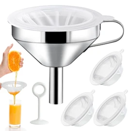 Elesunory 4 Pcs 200 Mesh Food Filter Strainer with 1 Pcs Funnel and Squeezing Rod, Reusable Ultra Fine Mesh Strainer for Filtering Juice Coffee Milk Honey, Kitchen Funnels for Filling Bottles