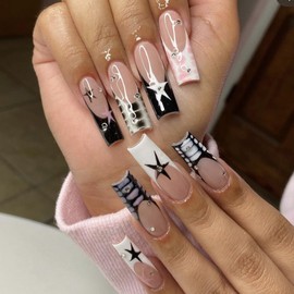 MERVF Long Square Press on Nails White French Tip Fake Nails Press ons Star Y2k Glue on Nails with Rhinestones Design Snake Goth Squoval Acrylic False Nails Glossy 24pcs