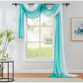 1 Piece Ombre Chiffon Sheer Window Scarf Valance Curtains 18ft for Living Room, Home Decor, 52"x216" Long Crinkle Soft Window Top Sheer Voile Valance for Wedding Party Decor, Teal
