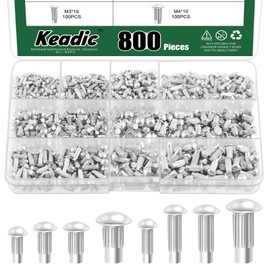 Keadic 800Pcs M2 M2.5 M3 M4 Aluminium Brazier Head Solid Rivet Assortment Set, 6mm 8mm 10mm Solid Aluminum Rivets for Repairing Boats Aircraft Automobile Machinery