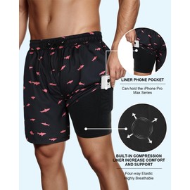 American Trends Mens Swim Trunks Swim Shorts with Compression Liner Quick Dry Bathing Suit Swimwear 2 in 1 Board Shorts Pink Shark M