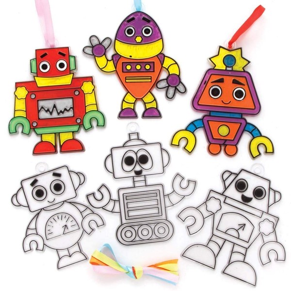 Baker Ross FE379 Robot Suncatcher Craft - Pack of 10, Stained Glass Effect for Kids to Decorate and Display for Arts and Craft Activities