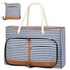 Lekereise Beach Bag, Large Oxford Beach Tote Bag with Top Zipper, Side Shoe Compartment and Bottle Pocket, Foldable Beach Bags for Women, Blue Striped