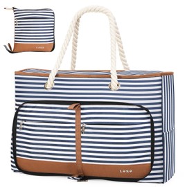 Lekereise Beach Bag, Large Oxford Beach Tote Bag with Top Zipper, Side Shoe Compartment and Bottle Pocket, Foldable Beach Bags for Women, Blue Striped