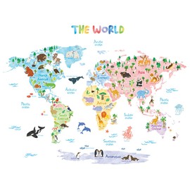Decowall 1615/S/DE World Map With Animals Wall Sticker, Wall Tattoo, Wall Decoration for Living Room, Bedroom, Children's Room, multicolour, DMT-1615S
