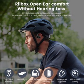 Riibox E7 Wireless Open Ear Headphone,Sports Wireless Headphones Bluetooth 5.4 Powerful Sound Microphone Adjustable Ear Hooks Fast Charging,Long-Lasting 47H with Magnetic Headphone Case (Black)