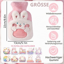 ZenyTra Plush Rabbit Hot Water Bottle with Removable Cover - Cuddly Hot Water Bag with Handwarmer Pockets and 10 Stickers, Thermal Insulated for Children and Adults (Pink)