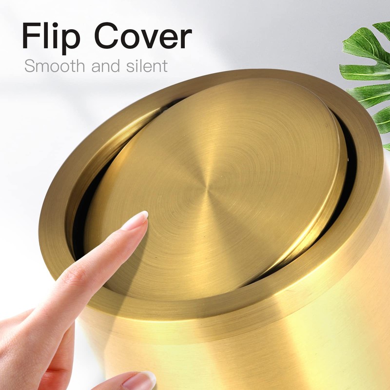 2.4 Gallon Brushed Gold Bathroom Trash Can with Swing Lid,Stainess