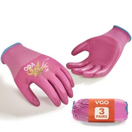 VGO 3 Pairs Women's Gardening Gloves - Non-Slip Nitrile Coating, Machine Washable & Breathable for Outdoor, DIY, Ranch, Camping, Flexible, Affordable Bundle with Choice of Colours (3 Pairs/M/Magenta