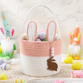 SiliFine Easter Baskets Easter Bunny Basket with Name Tag Rabbit Ear Easter Stuffer Basket Rustic Woven Round Storage for Kid Girl and Boy Gift Baby Shower Party Decoration Supplies (Orange Pink)
