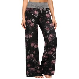 ZOOSIXX Soft Black Pajama Pants for Women, Plaid Comfy Casual Lounge Yoga Pants, B-purple Flower-1, XX-Large