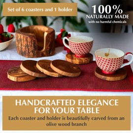 Kamsah Olive Wood Coasters Set of 6 & Holder - Handmade, Natural, Durable Wooden Coasters for Drinks - Round, Rustic, Farmhouse Coasters for Table, Bar, Desk, Coffee Table, Kitchen, & More