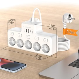 Power Strip with USB, 5 Independent Switched Sockets, Multiple Socket with USB C (PD 20 W) and 2 USB-A 5-Way Sockets, 6 ft Extension Applies for Office, Kitchen and Bedroom (White)