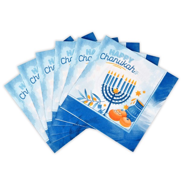 Servilletas Hanukkah – Paquete de 40 – Artículos de papel de Hanukkah – Suministros de fiesta temáticos de Janucá azul y blanco