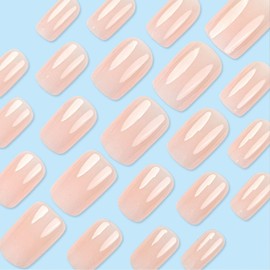 Pink Press on Nails Medium Square Cute Fake Nails Pink White Ombre Acrylic Nails Press ons Full Cover Stick on Nails Gradient Glue on Nails for Women 24 Pcs