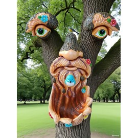 GOLDSRON Tree Face Decor Outdoor: Tree Trunk Hugger Sculptures with Bird Feeder - Old Man Yard Art Statues with Flowers for Outdoor Garden Decor