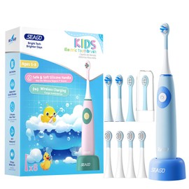 SEAGO Kids Electric Toothbrushes for Ages 5-8 with 2 Sizes Soft Brush Heads, Soft Silicone Handle, 2-Min Timer, IPX7 Waterproof, 35000VPM, Rechargeable 70 Day Battery Life with Charging Base (Blue)