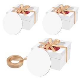 ZKKZOMA 6PCS 10x10x8 Inches Cake Boxes with Boards—（3 Boxes with window & 3 Borads & 70ft Silk Ribbon） Large Square Baking Boxes
