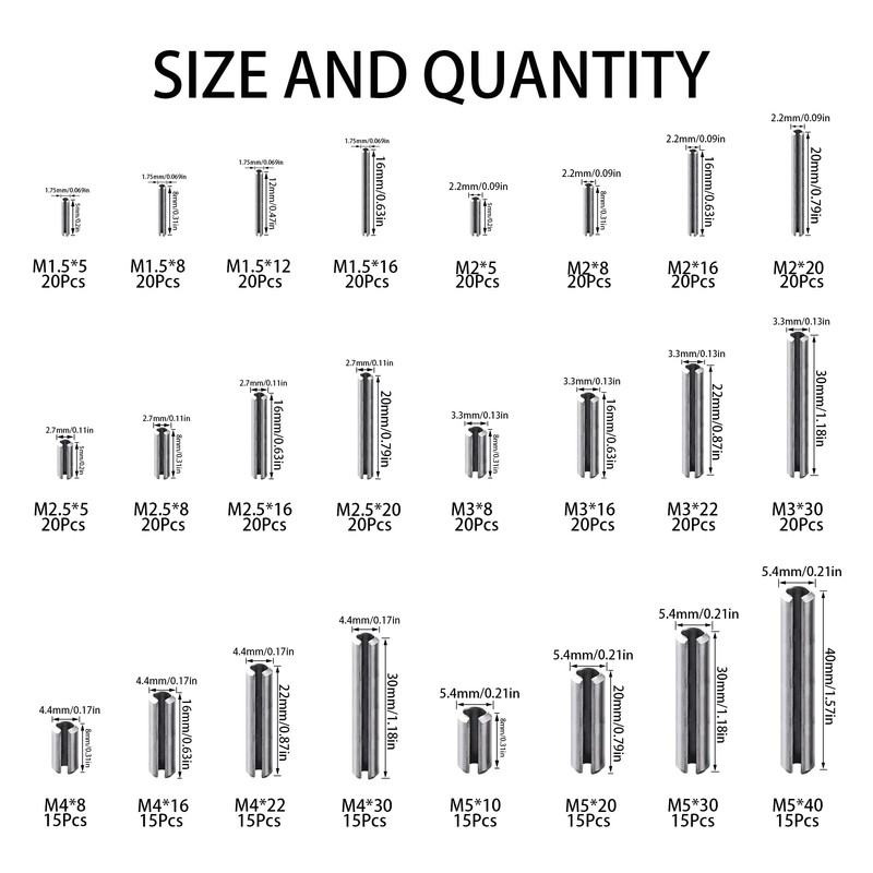 Rrina 440Pcs 304 Stainless Steel Slotted Spring Pin Assortment Kit,