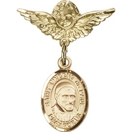 Gold Filled Baby Badge with St. Vincent de Paul Charm and Angel w/Wings Badge Pin 1 X 3/4 inches