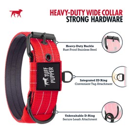 Tuff Pupper Heavy Duty Tactical Dog Collar | 1.5" Wide Ballistic Nylon | Reflective Stitching | Integrated ID Tag Holder | Stainless Steel Buckle | Padded Lining | Medium & Large Dogs (Red, Medium)