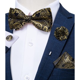 DiBanGu Black Gold Mens Bow Tie Set Paisley Bowtie and Pocket Square Lapel Pin Cufflinks Wedding Bussiness
