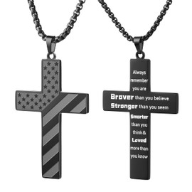Black Cross Necklace for Men Stainless Steel 18K Real Gold Plated American Flag Pendant Box Chain Bible Verse Cross Necklaces Graduation 4th of July Gifts Mens 24 Inch