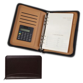 Portfolio Organizer PU Leather Binder Storage Notepad Pouch Documents Holder Folder Budget Planner with Pockets and Calculator for Travel Business School (Brown)